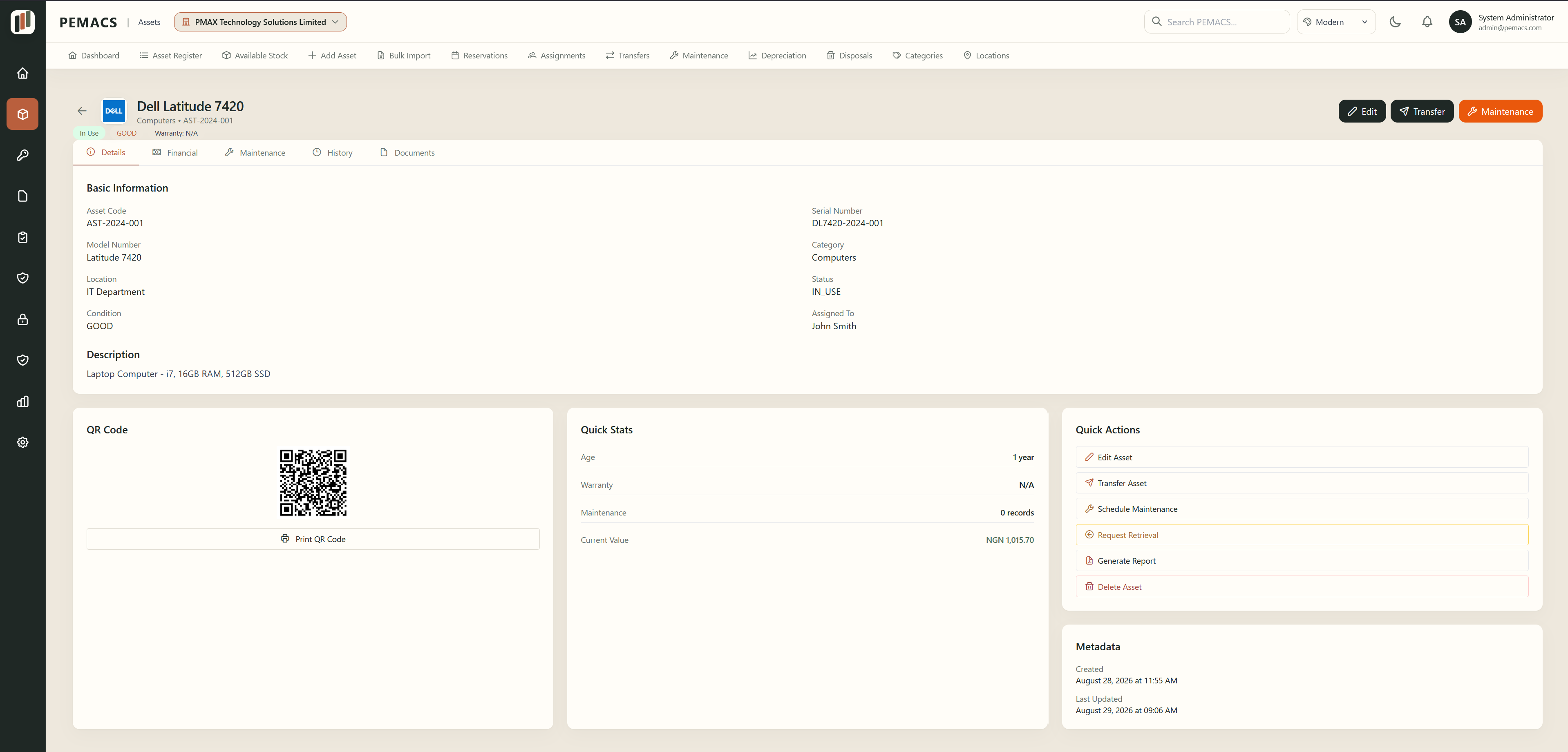PEMACS asset details
